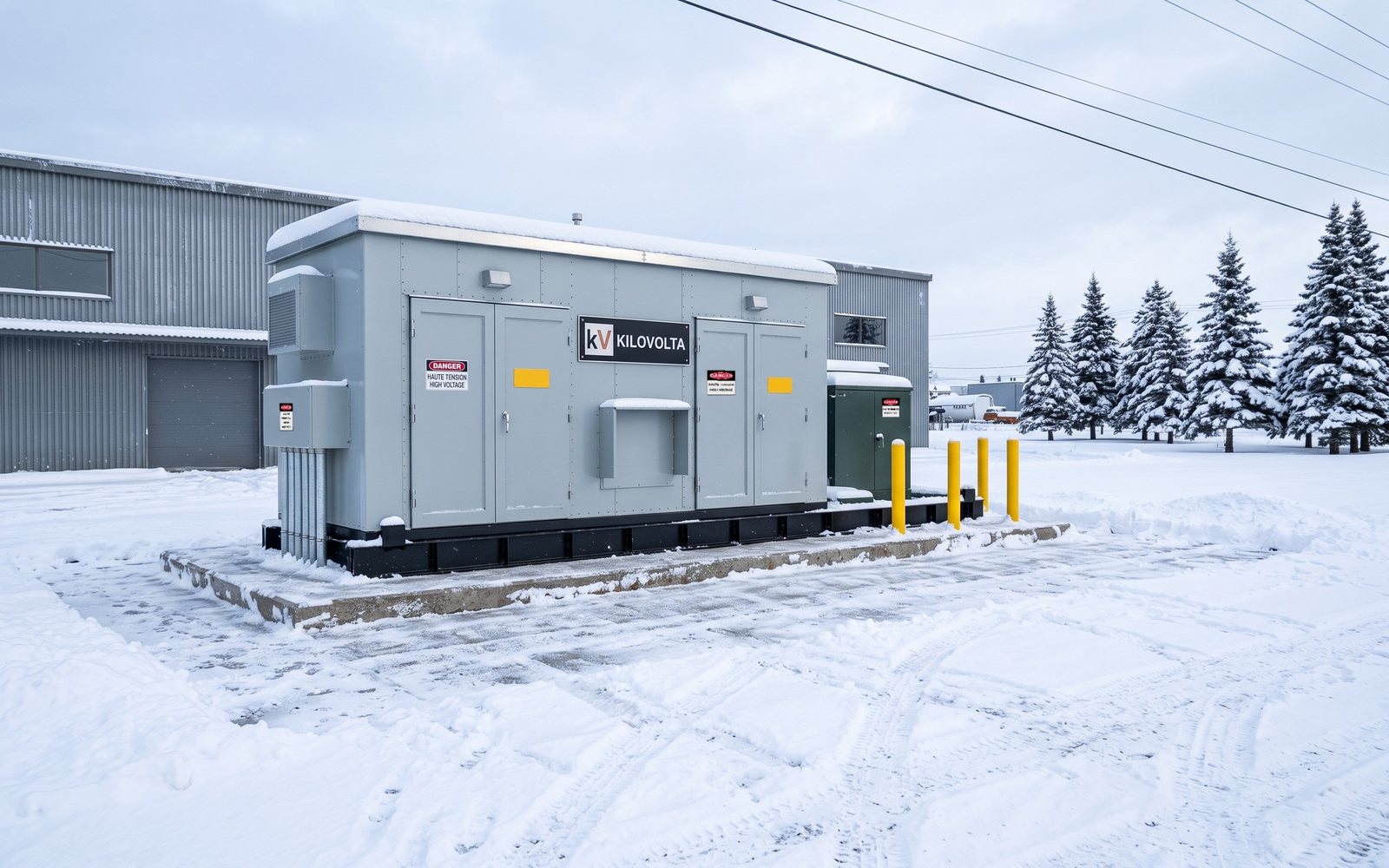 Kilovolta KV-1500 Power Block in snow beside an industrial building